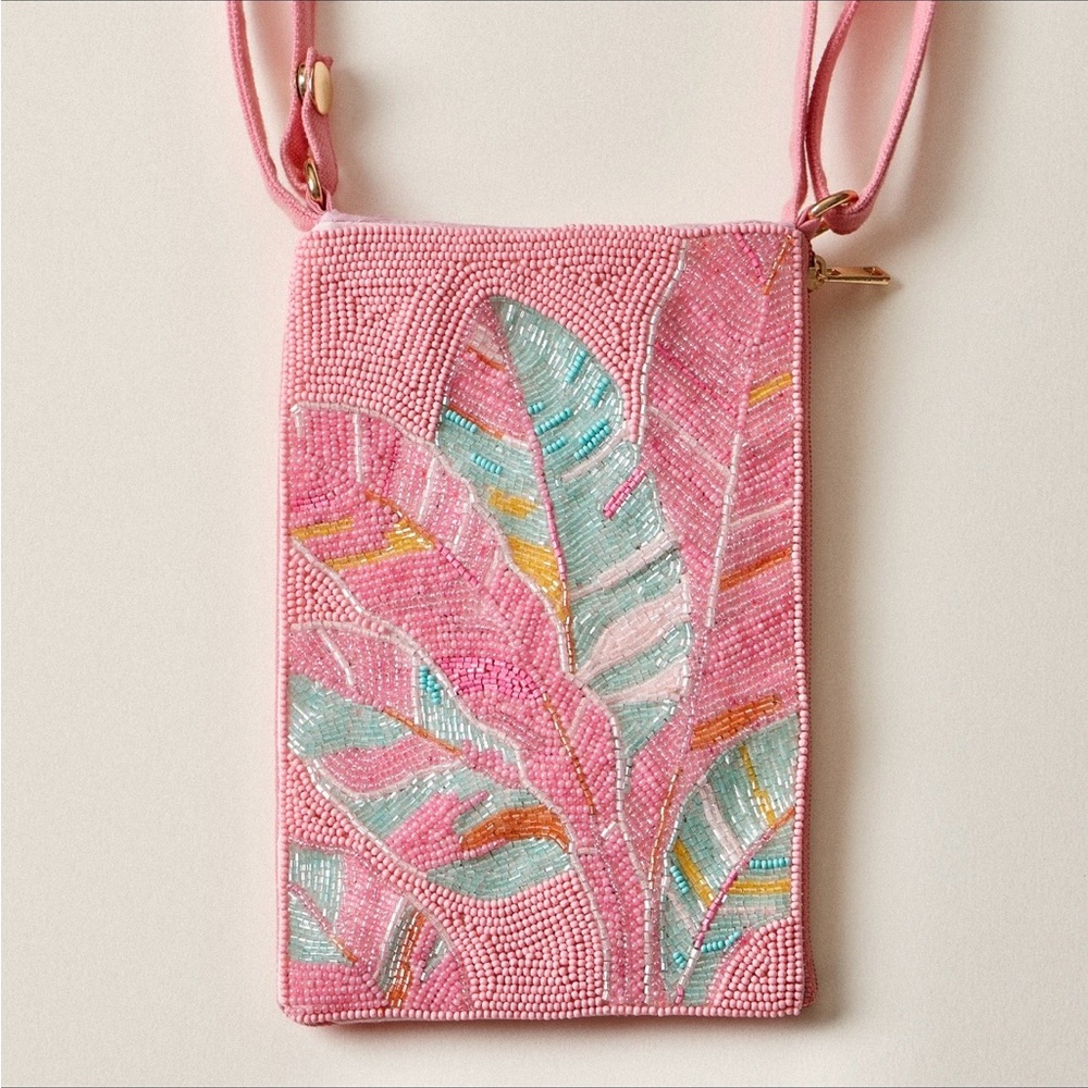 Pink Beaded Leaf Crossbody Bag